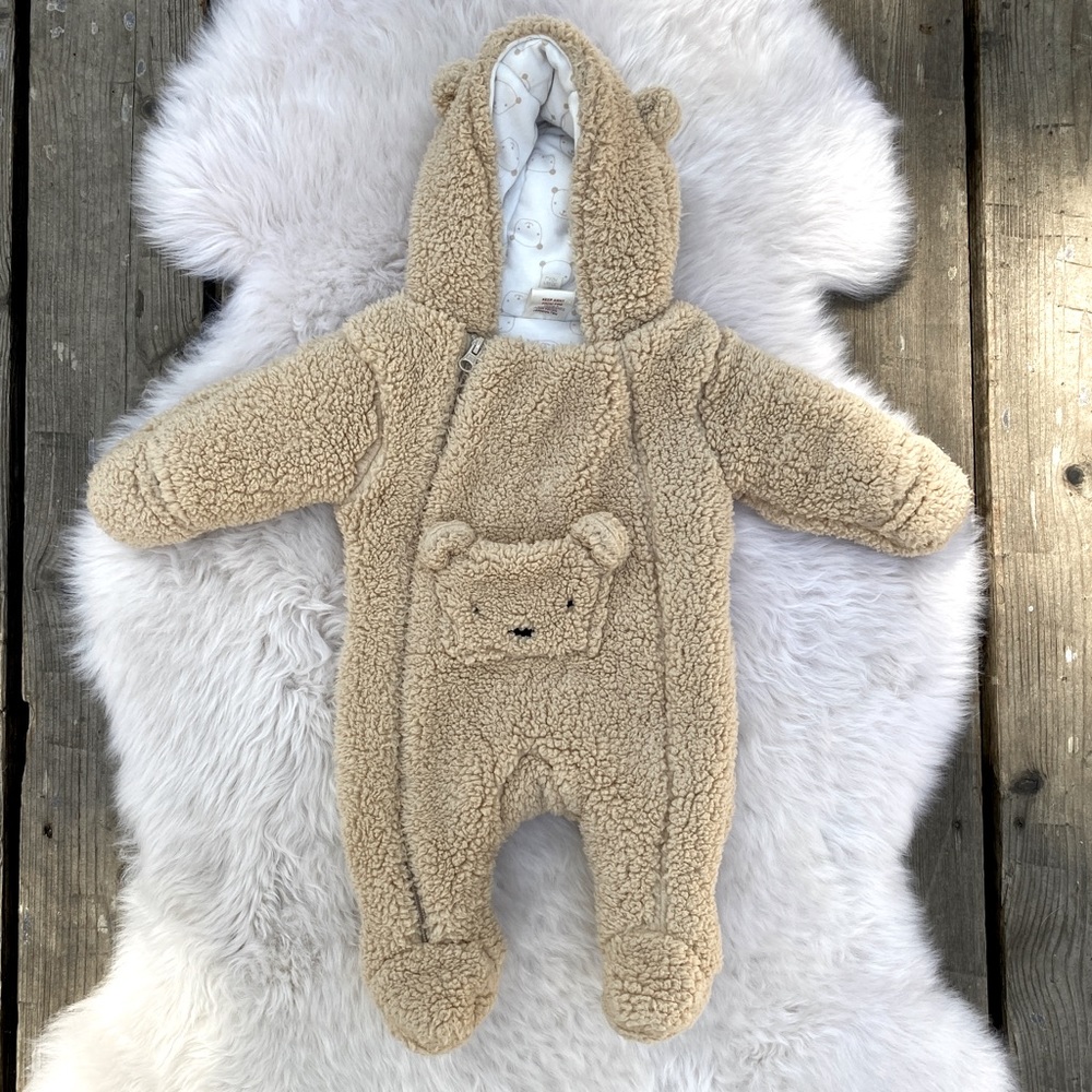 First Wish Hooded Teddy Bear Bunting - Beige, Size 0-3m